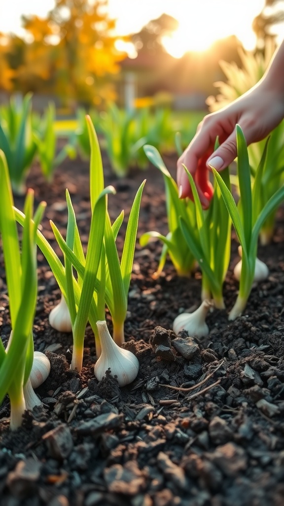 Freshly planted garlic cloves in a garden bed with emerging green shoots under a sunny sky.